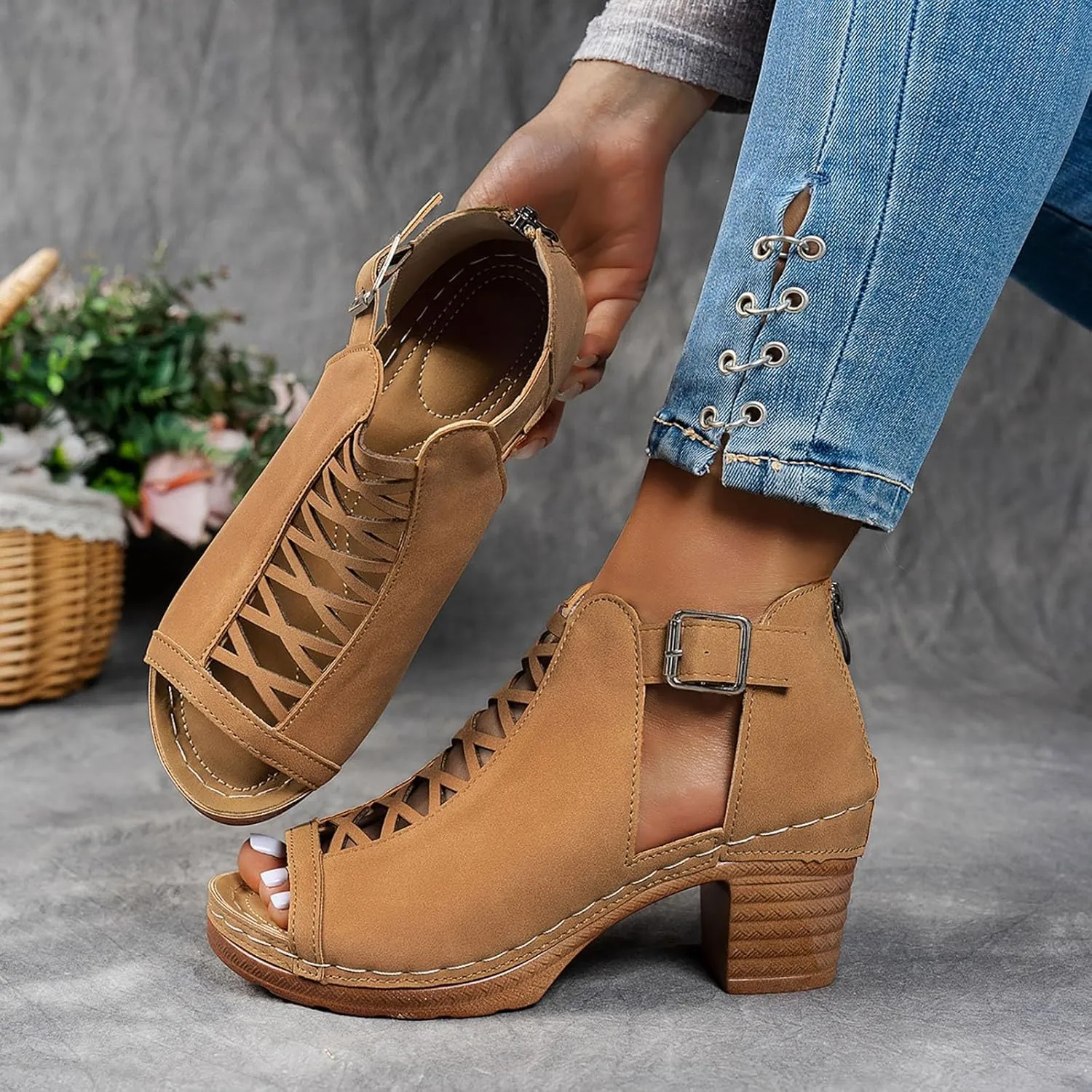 Chunky Block Heel Sandals for Women Dressy,Open Toe Slingback Strappy Heels for Women Sexy Back Zipper Ladies Cutout Dress Shoes Holiday Party Wedding Summer Ankle Booties