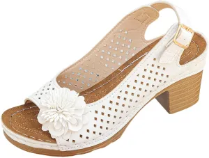 Chunky Heel Sandals for Women Comfortable Hollow Out Slip-On Sandals Open Toe Ankle Strap Chunky High Heels Lightweight Peep Flowers Sandal Beach Shoes
