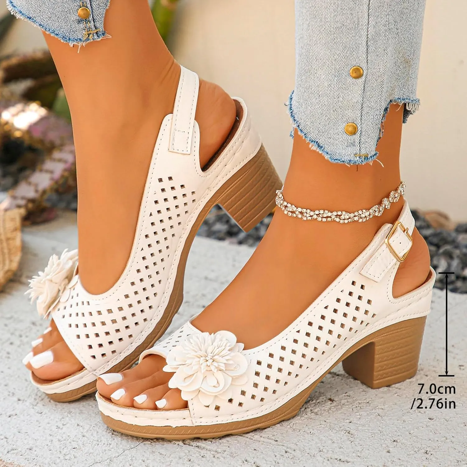 Chunky Heel Sandals for Women Comfortable Hollow Out Slip-On Sandals Open Toe Ankle Strap Chunky High Heels Lightweight Peep Flowers Sandal Beach Shoes
