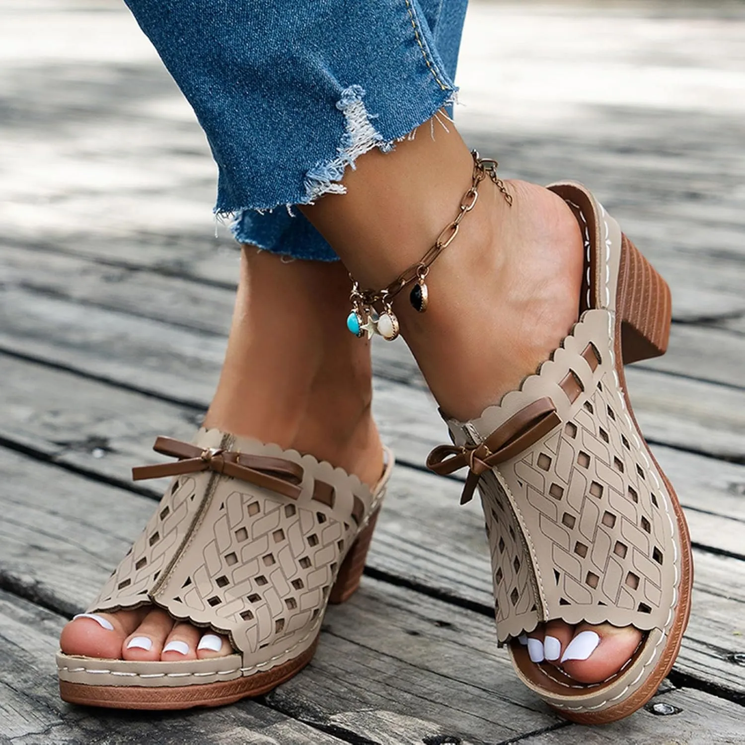 Chunky Heels for Women Wedge Siides Sandals Platform Open Toe Heels Slippers Slip on Elastic Band Wedges Shoes