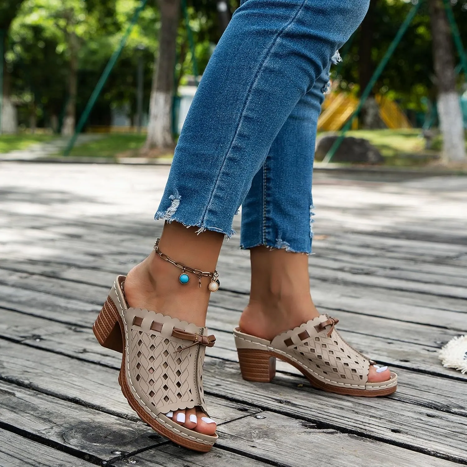 Chunky Heels for Women Wedge Siides Sandals Platform Open Toe Heels Slippers Slip on Elastic Band Wedges Shoes