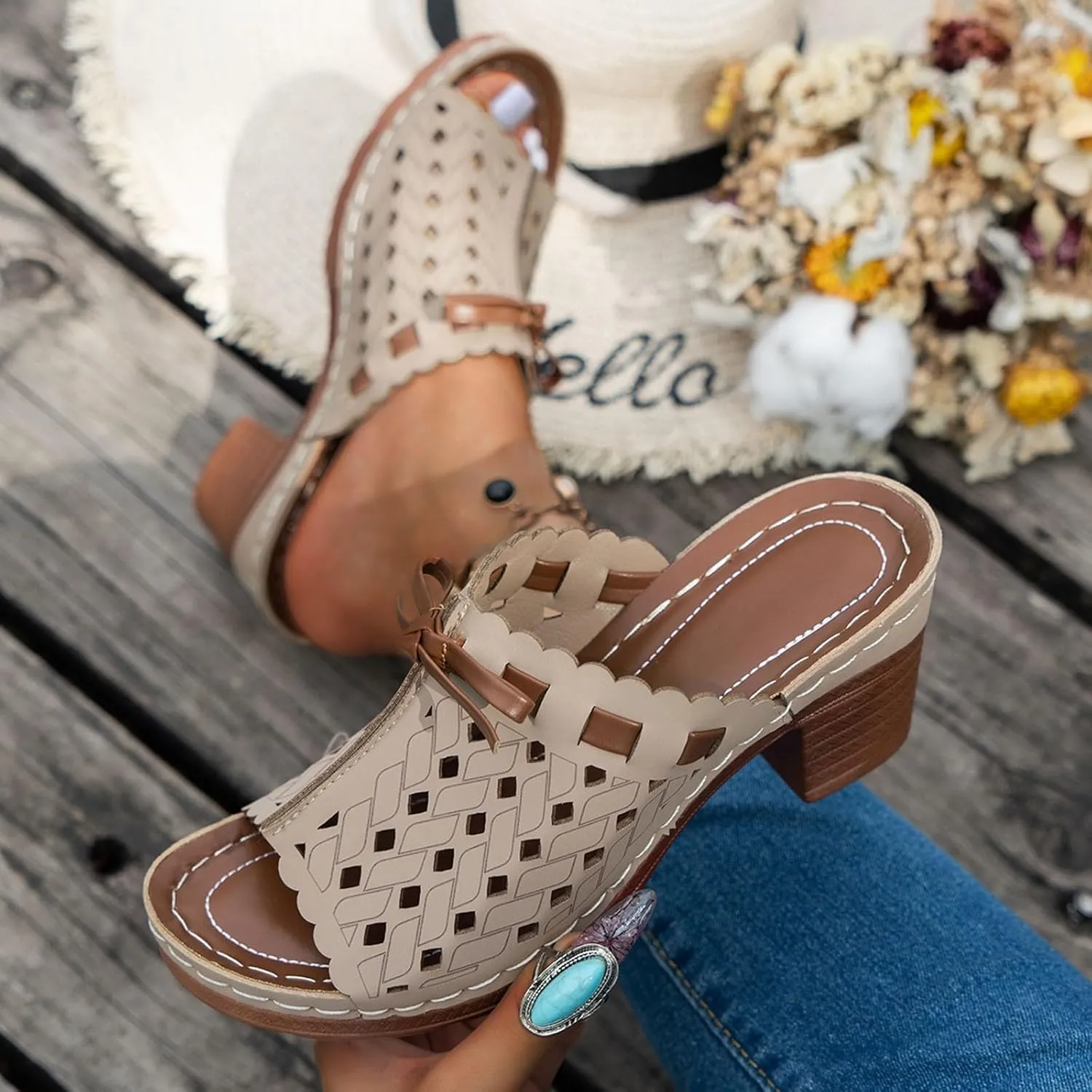 Chunky Heels for Women Wedge Siides Sandals Platform Open Toe Heels Slippers Slip on Elastic Band Wedges Shoes