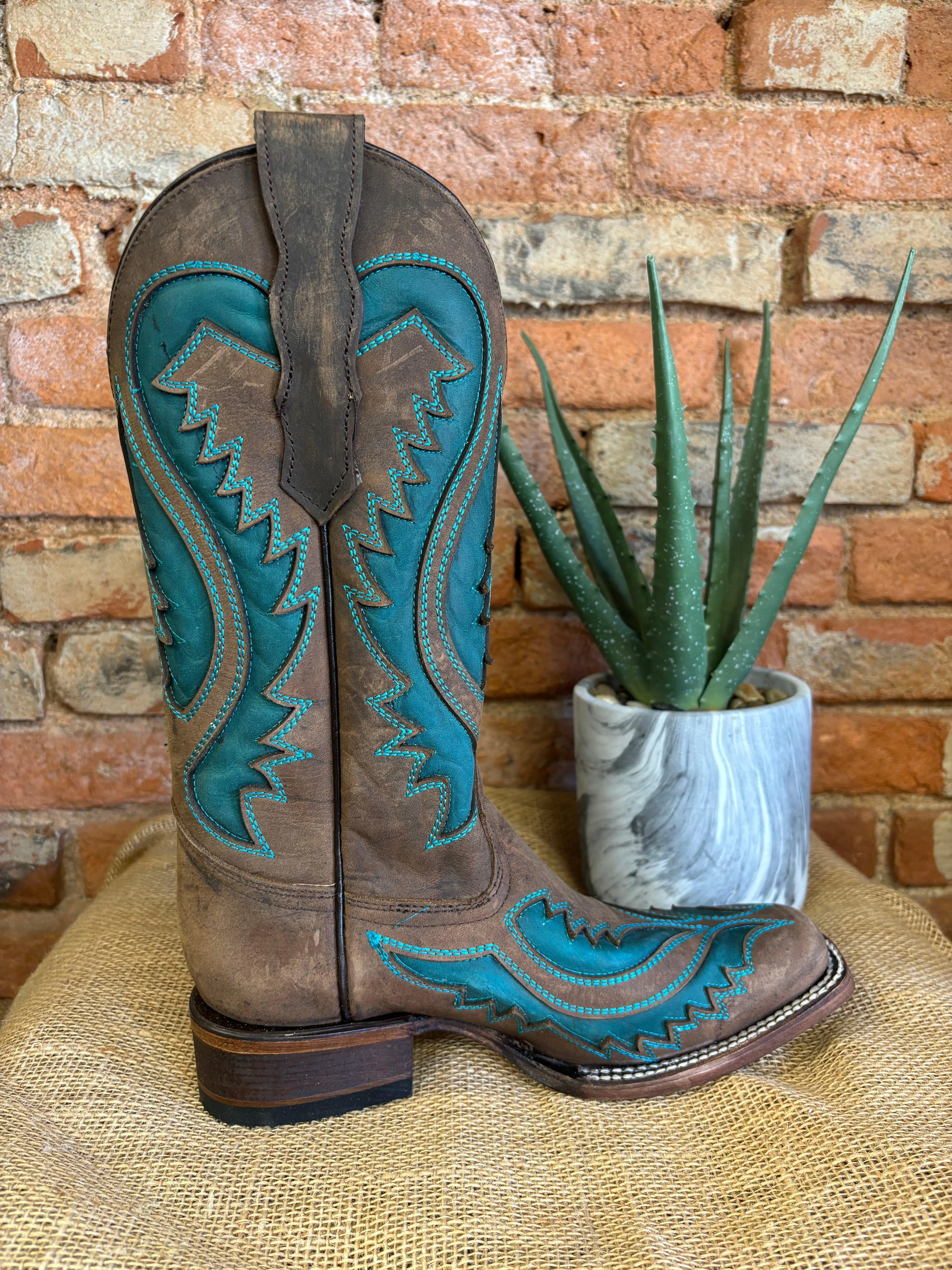 Circle G Women's Brown & Turquoise Inlay Square Toe Cowgirl Boots L6128