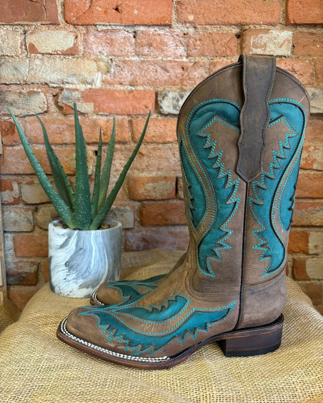Circle G Women's Brown & Turquoise Inlay Square Toe Cowgirl Boots L6128
