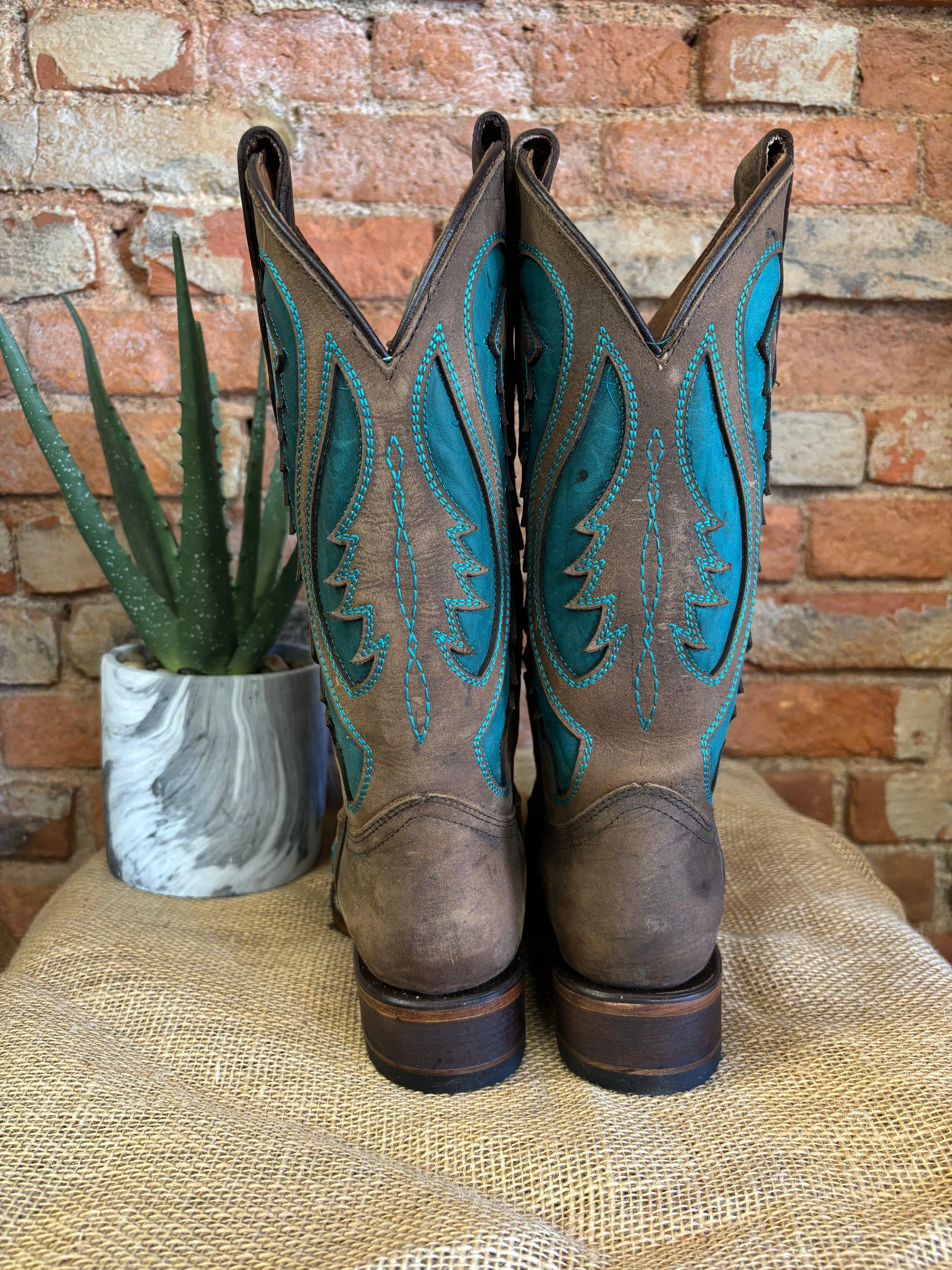 Circle G Women's Brown & Turquoise Inlay Square Toe Cowgirl Boots L6128