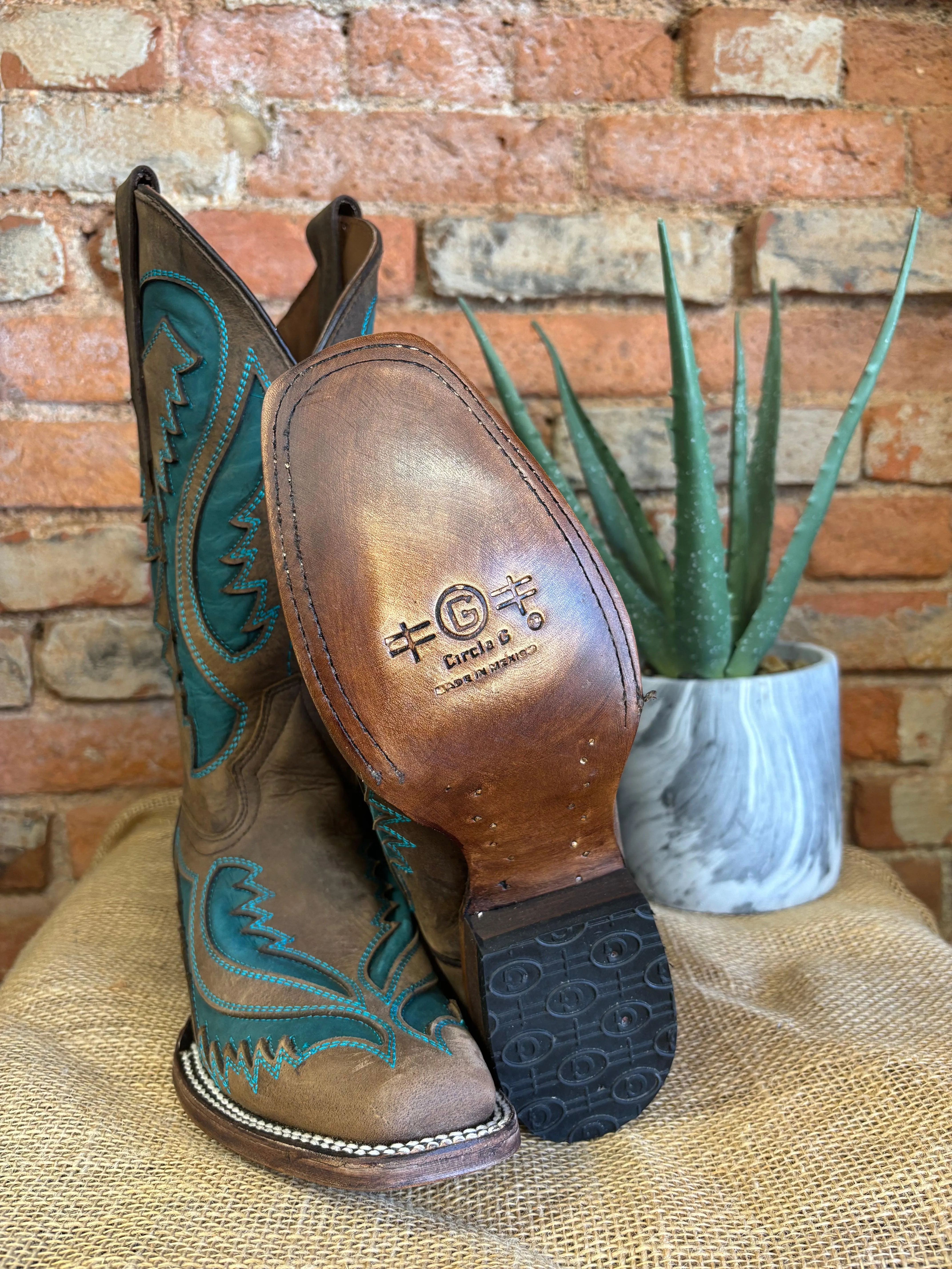 Circle G Women's Brown & Turquoise Inlay Square Toe Cowgirl Boots L6128