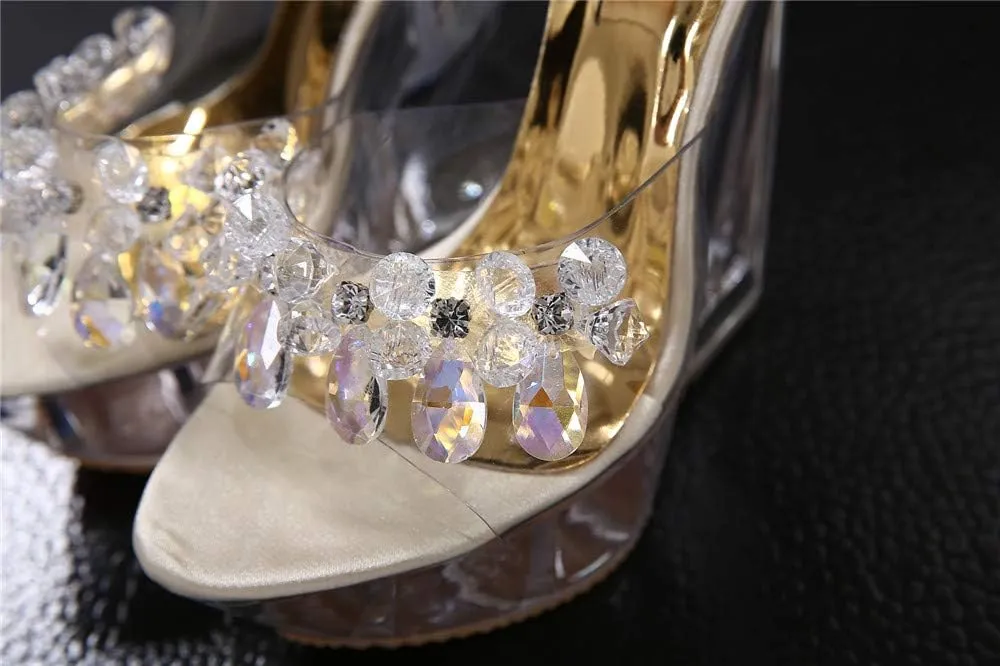 Clear Wedges Sexy Slip On Heels with Crystals