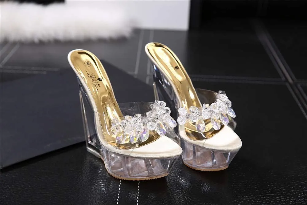 Clear Wedges Sexy Slip On Heels with Crystals