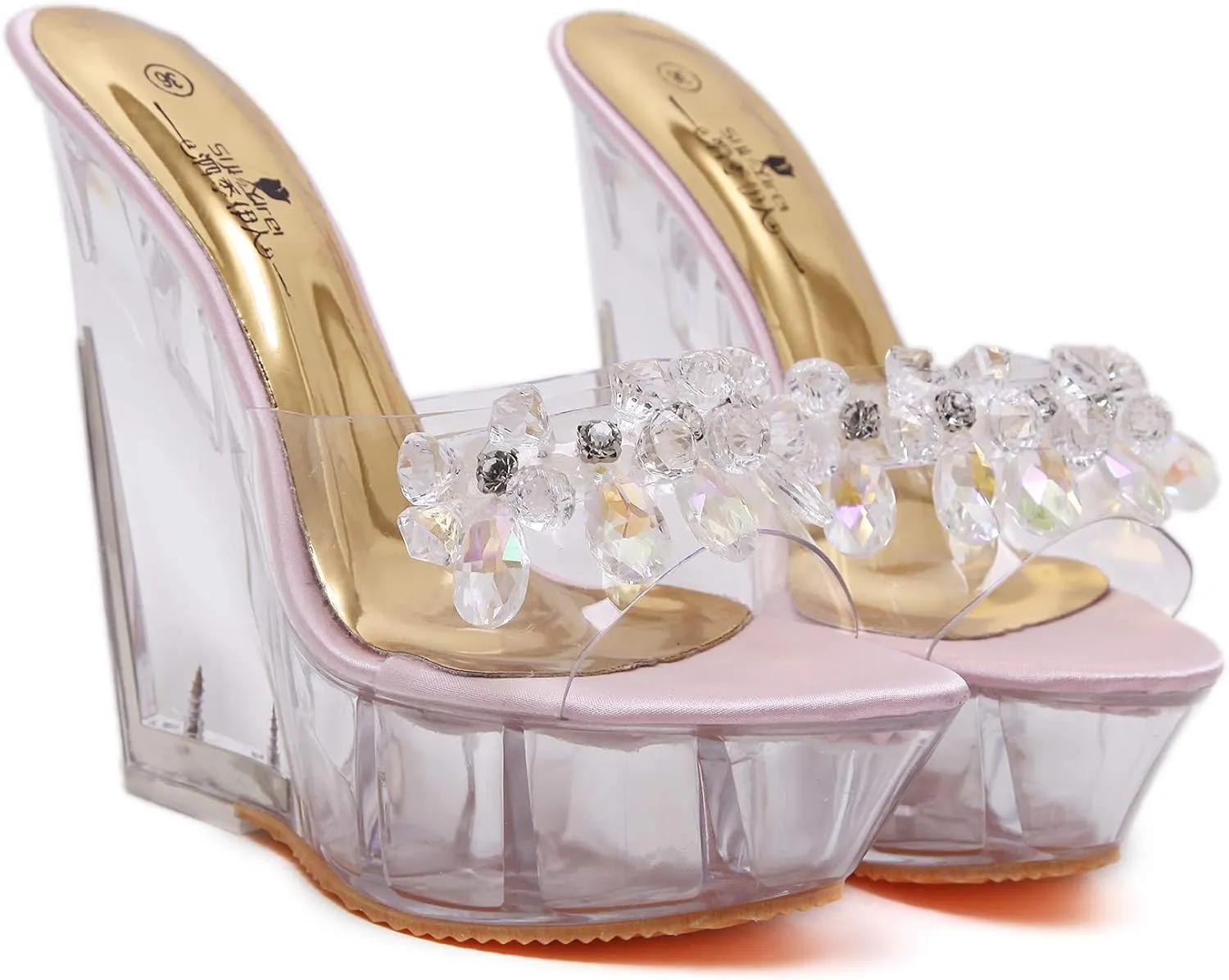 Clear Wedges Sexy Slip On Heels with Crystals