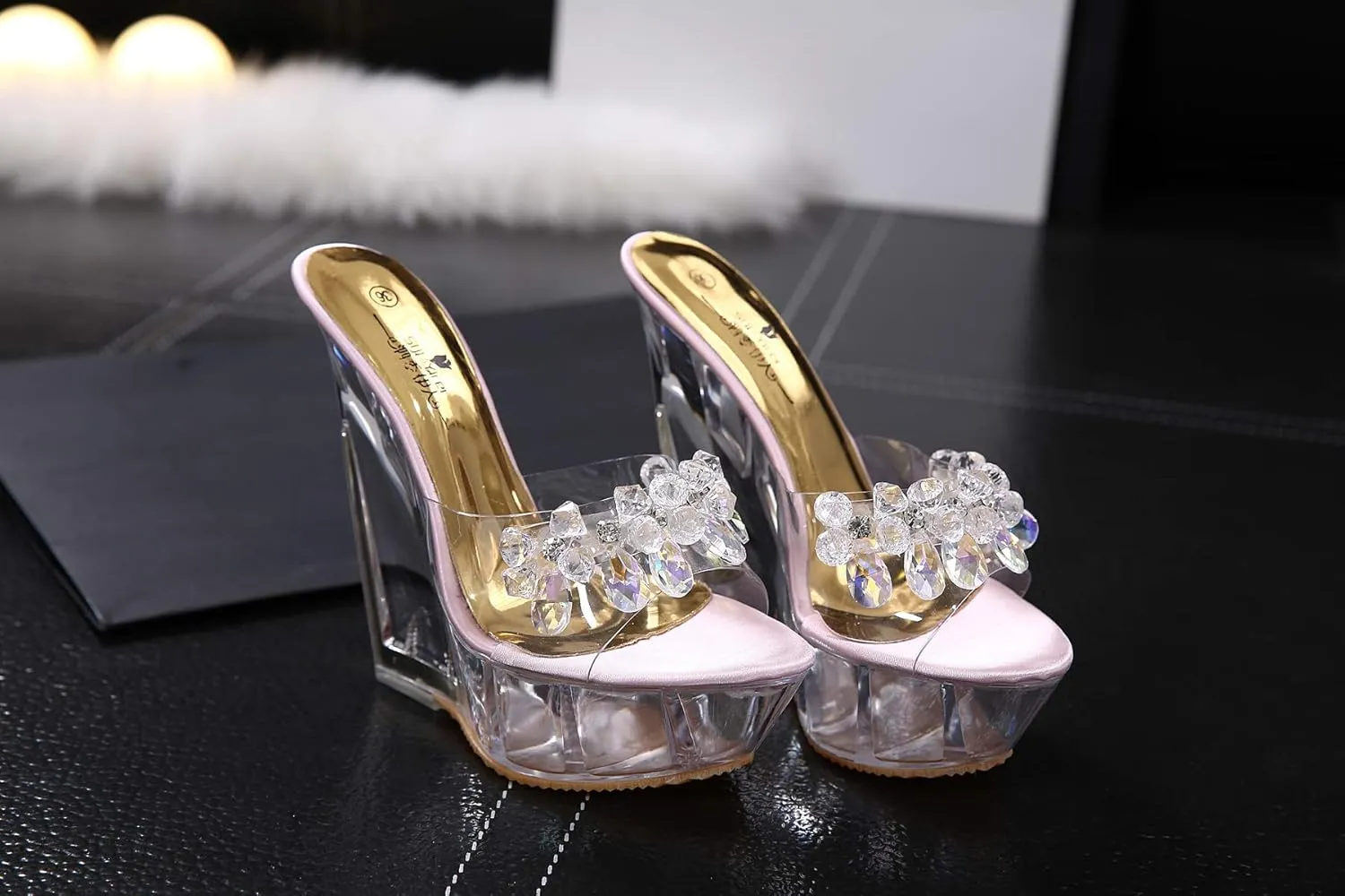 Clear Wedges Sexy Slip On Heels with Crystals