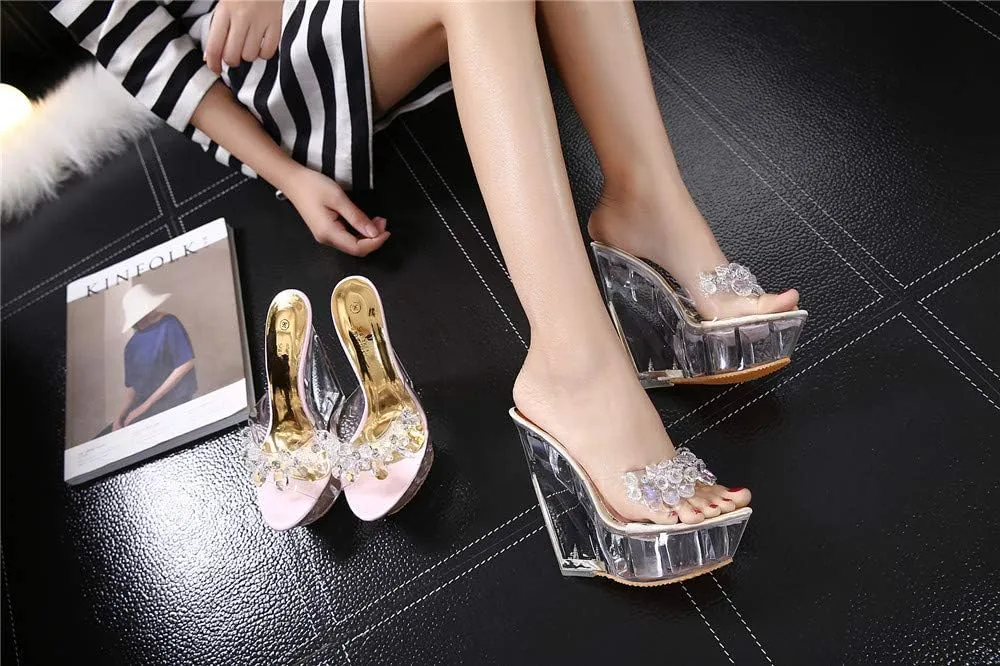 Clear Wedges Sexy Slip On Heels with Crystals