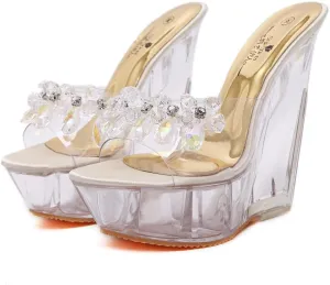 Clear Wedges Sexy Slip On Heels with Crystals