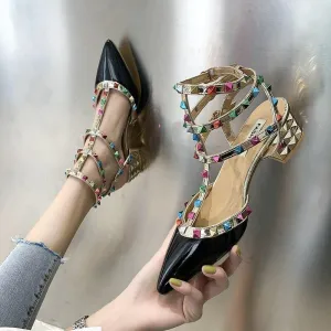 Colorful Rivet Office Women Sandals Casual Fashion High Heels Ladies