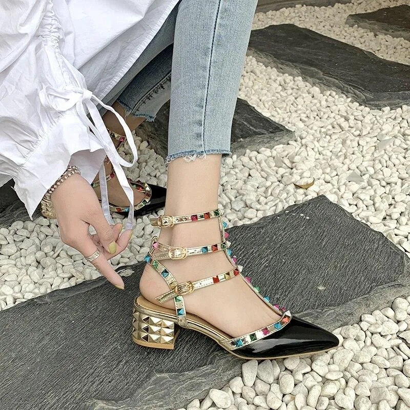 Colorful Rivet Office Women Sandals Casual Fashion High Heels Ladies