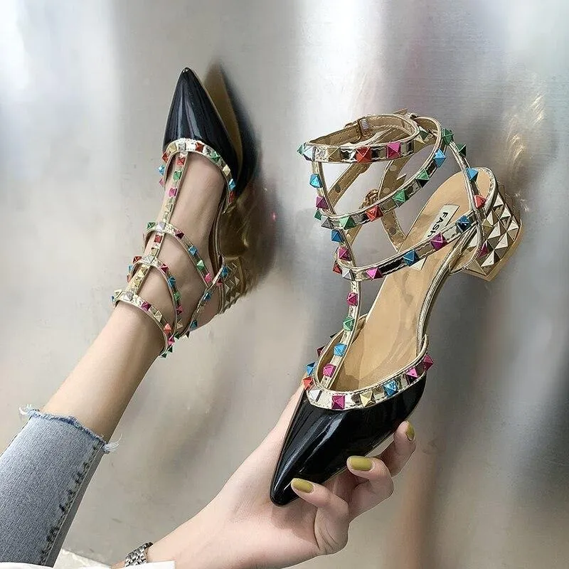 Colorful Rivet Office Women Sandals Casual Fashion High Heels Ladies