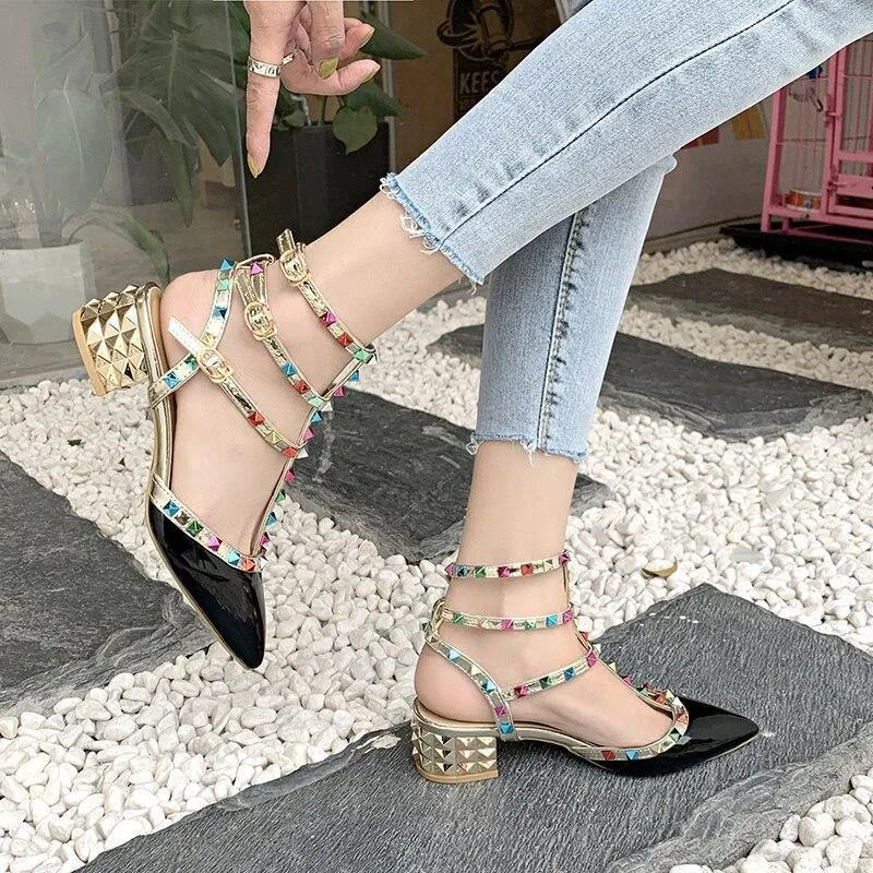 Colorful Rivet Office Women Sandals Casual Fashion High Heels Ladies