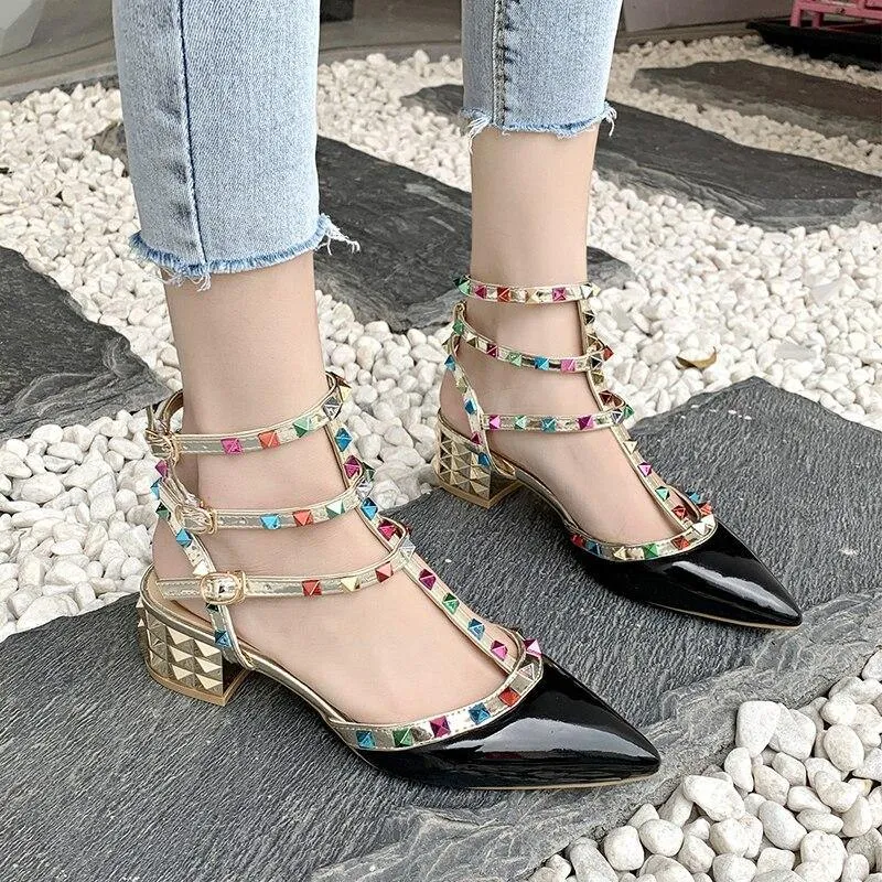 Colorful Rivet Office Women Sandals Casual Fashion High Heels Ladies