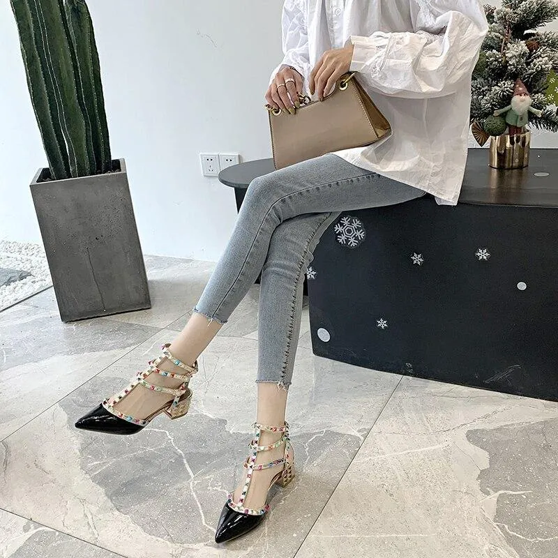 Colorful Rivet Office Women Sandals Casual Fashion High Heels Ladies