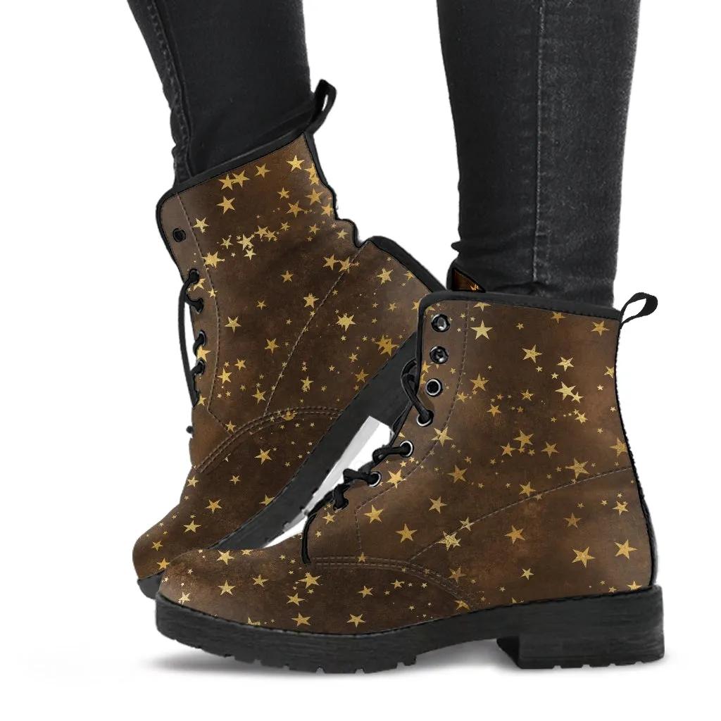 Combat Boots-Rugged Look Distressed Brown Galaxy, Custom Shoes, Hippie Boots, Lace Up Boots, 90s Boots,  Brown Lace Up Boots