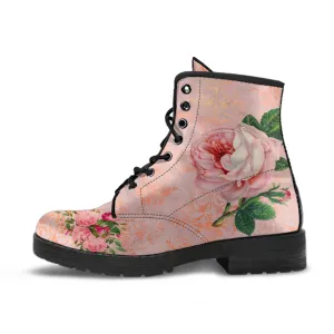 Combat Boots - Vintage Style Flowers #101N | Boho Bride Wedding Shoes, Cute Kawaii Aesthetic Pink Flat Shoes, Boots Women