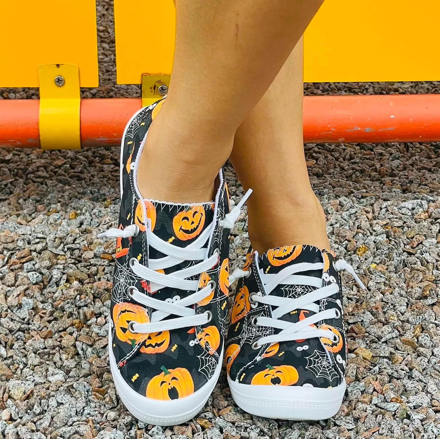 Crzidha Fashion Sneakers for Halloween,Stylish Pumpkin Print Colorful Lace-Up Canvas Flat Shoes Lightweight Slip-Ons Spooky Scary Skeleton Print Loafers Casual Halloween Festival Cosplay Party Flats