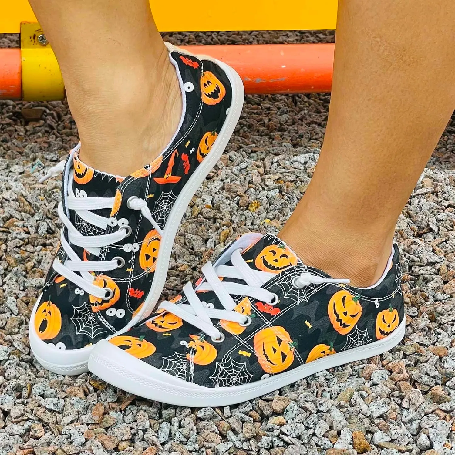 Crzidha Fashion Sneakers for Halloween,Stylish Pumpkin Print Colorful Lace-Up Canvas Flat Shoes Lightweight Slip-Ons Spooky Scary Skeleton Print Loafers Casual Halloween Festival Cosplay Party Flats