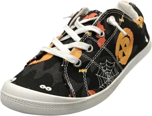 Crzidha Fashion Sneakers for Halloween,Stylish Pumpkin Print Colorful Lace-Up Canvas Flat Shoes Lightweight Slip-Ons Spooky Scary Skeleton Print Loafers Casual Halloween Festival Cosplay Party Flats