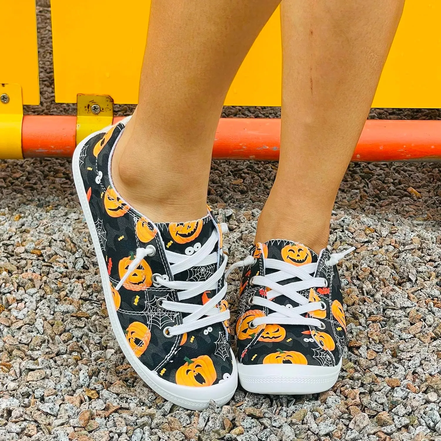 Crzidha Fashion Sneakers for Halloween,Stylish Pumpkin Print Colorful Lace-Up Canvas Flat Shoes Lightweight Slip-Ons Spooky Scary Skeleton Print Loafers Casual Halloween Festival Cosplay Party Flats