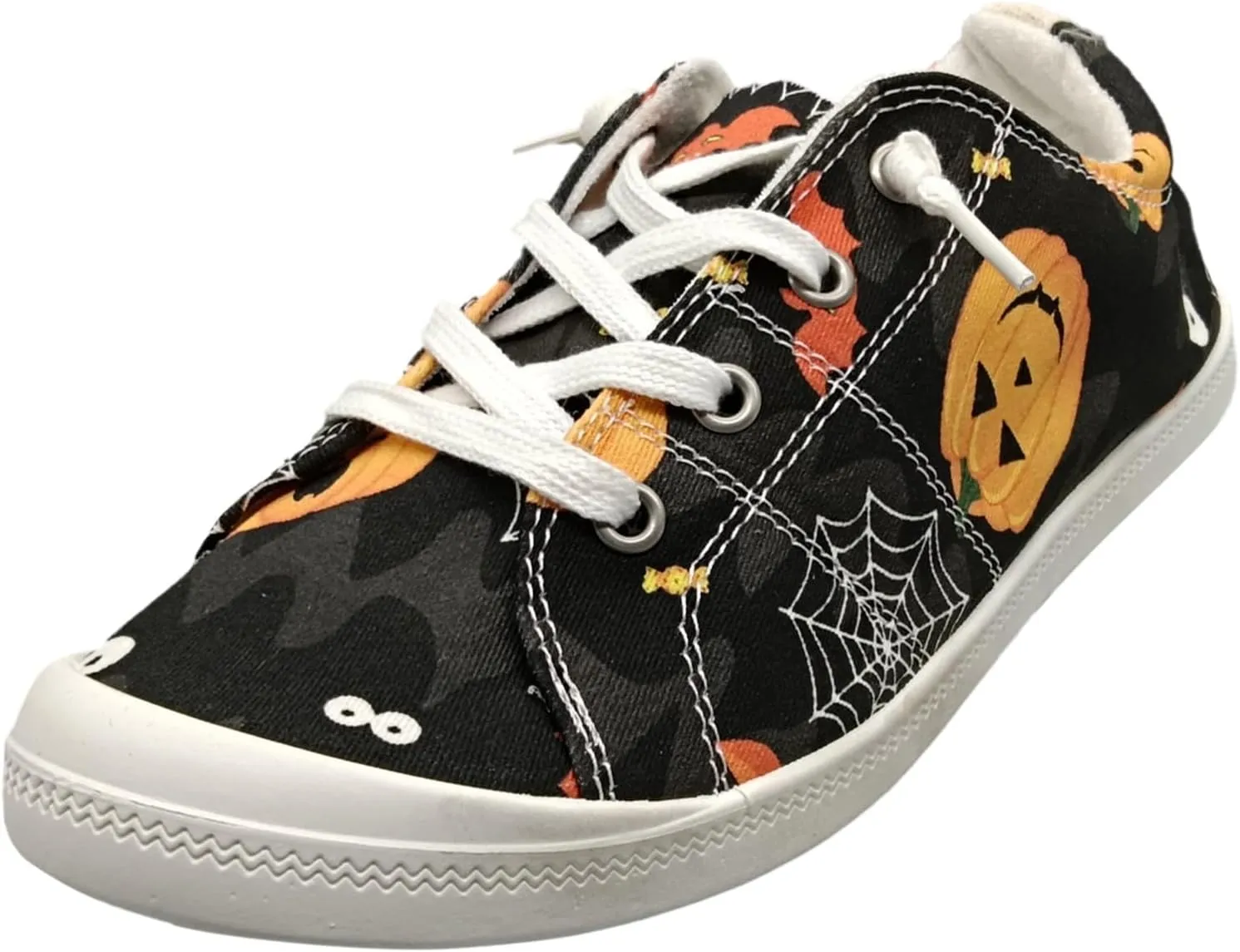 Crzidha Fashion Sneakers for Halloween,Stylish Pumpkin Print Colorful Lace-Up Canvas Flat Shoes Lightweight Slip-Ons Spooky Scary Skeleton Print Loafers Casual Halloween Festival Cosplay Party Flats