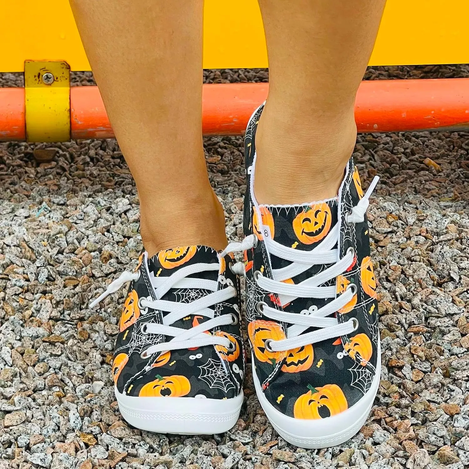 Crzidha Fashion Sneakers for Halloween,Stylish Pumpkin Print Colorful Lace-Up Canvas Flat Shoes Lightweight Slip-Ons Spooky Scary Skeleton Print Loafers Casual Halloween Festival Cosplay Party Flats