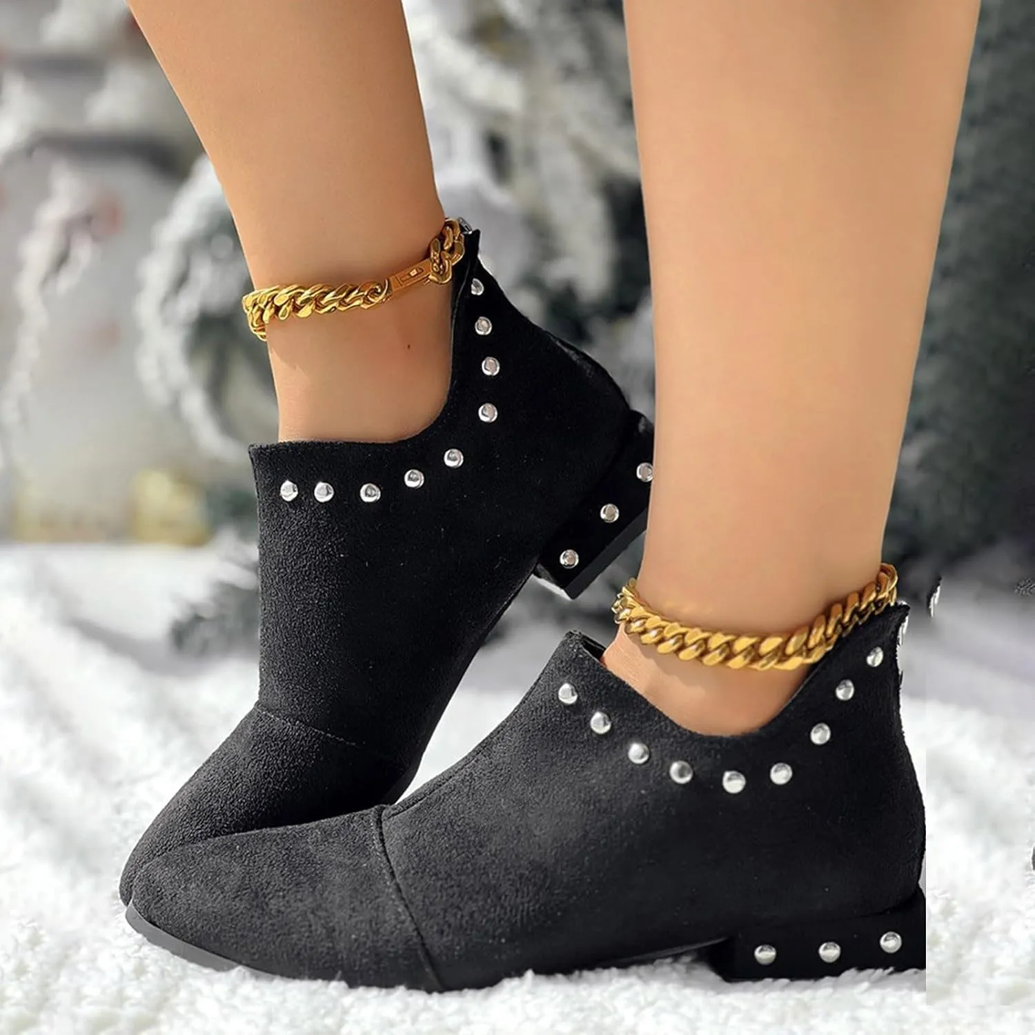 Crzidha Rhinestones Slip On Ankle Booties for Women,Pointed Toe Back Zipper Low Top Slip Ons for Women Casual Travel Walking Party Comfortable Lightweight Slip Ons Chelsea Ankle Booties