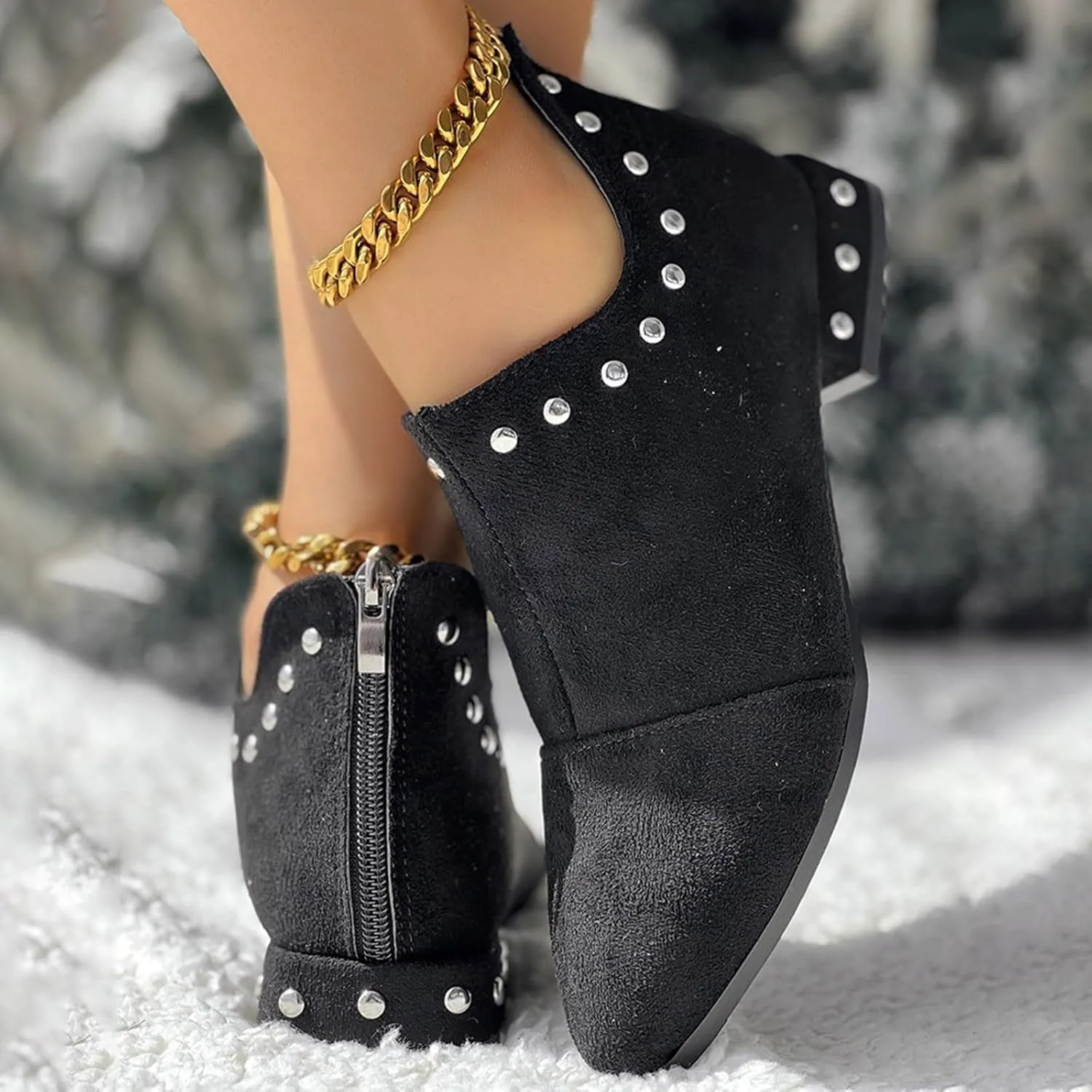 Crzidha Rhinestones Slip On Ankle Booties for Women,Pointed Toe Back Zipper Low Top Slip Ons for Women Casual Travel Walking Party Comfortable Lightweight Slip Ons Chelsea Ankle Booties
