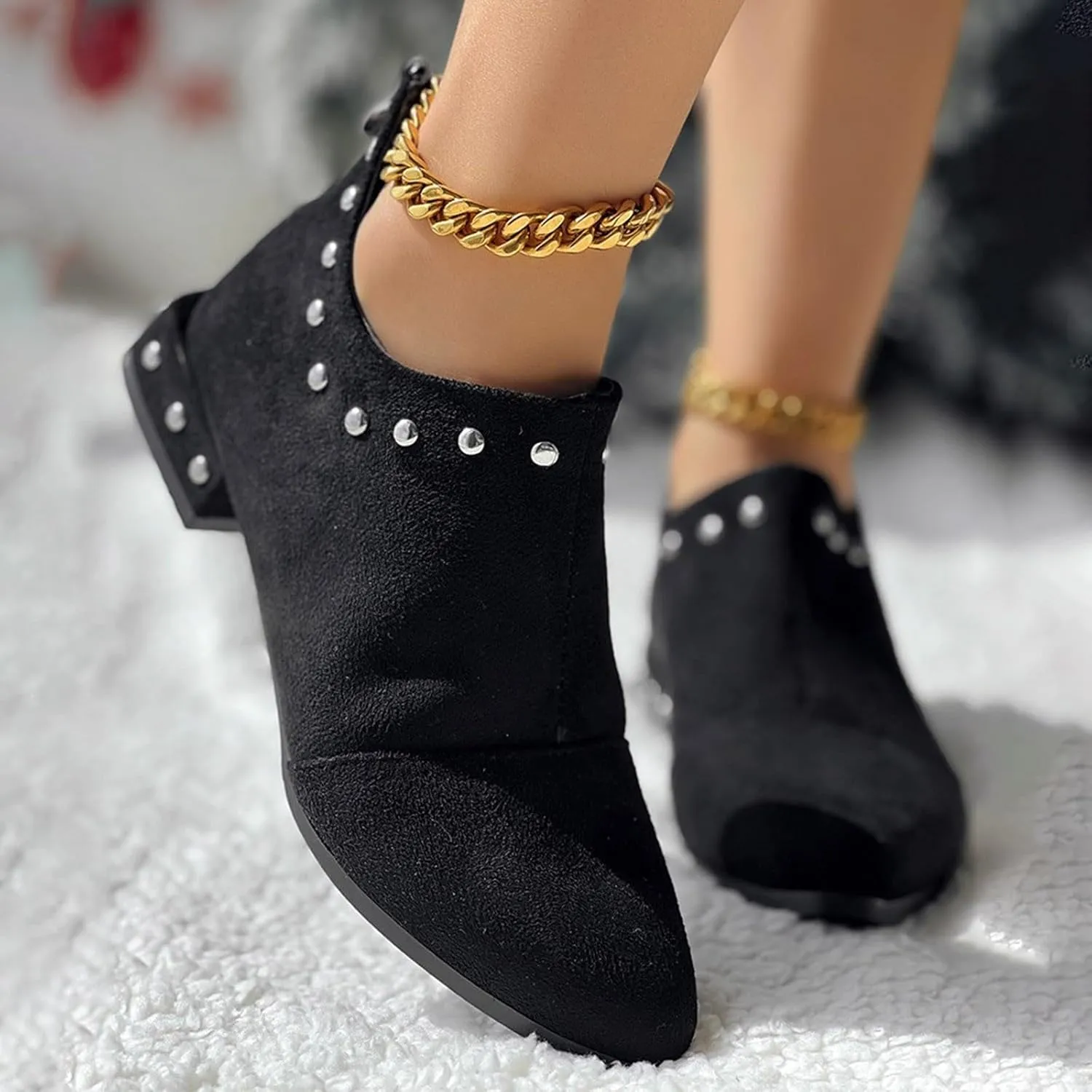 Crzidha Rhinestones Slip On Ankle Booties for Women,Pointed Toe Back Zipper Low Top Slip Ons for Women Casual Travel Walking Party Comfortable Lightweight Slip Ons Chelsea Ankle Booties