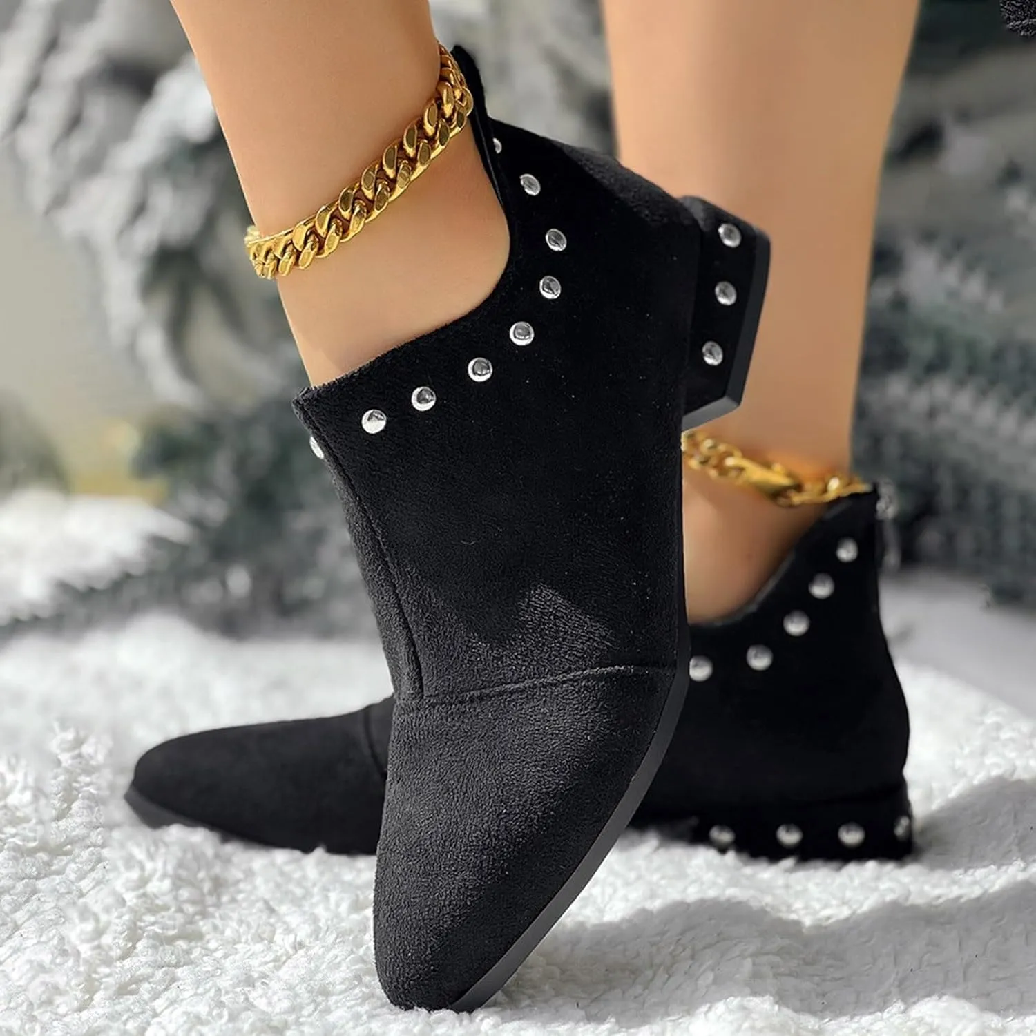 Crzidha Rhinestones Slip On Ankle Booties for Women,Pointed Toe Back Zipper Low Top Slip Ons for Women Casual Travel Walking Party Comfortable Lightweight Slip Ons Chelsea Ankle Booties