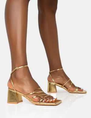Dayla Gold Strappy Square Toe Block Mid Heel Sandals