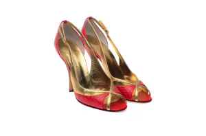 Dolce & Gabbana - Red Snake Skin Gold Strap Peep Toe Heels - IT 38