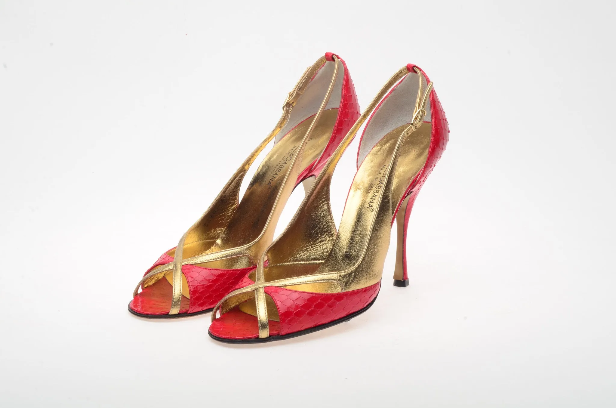 Dolce & Gabbana - Red Snake Skin Gold Strap Peep Toe Heels - IT 38