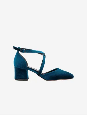 Dolly Vegan Velvet  Block Heels | Teal Blue