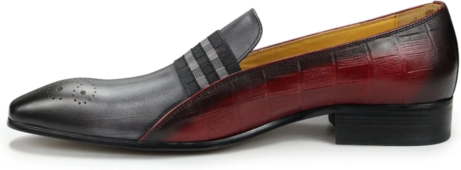 Dress Shoes for Men Men's Cowhide Loafers Casual Formal Leather Shoes for Parties and Weddings Gray Red Striped Design