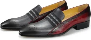 Dress Shoes for Men Men's Cowhide Loafers Casual Formal Leather Shoes for Parties and Weddings Gray Red Striped Design
