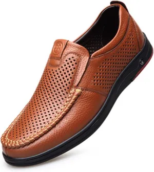 Dress Shoes for Men Men's Summer Leather Loafers Soft Casual Slip-On Cutout Shoes for Comfort and Style