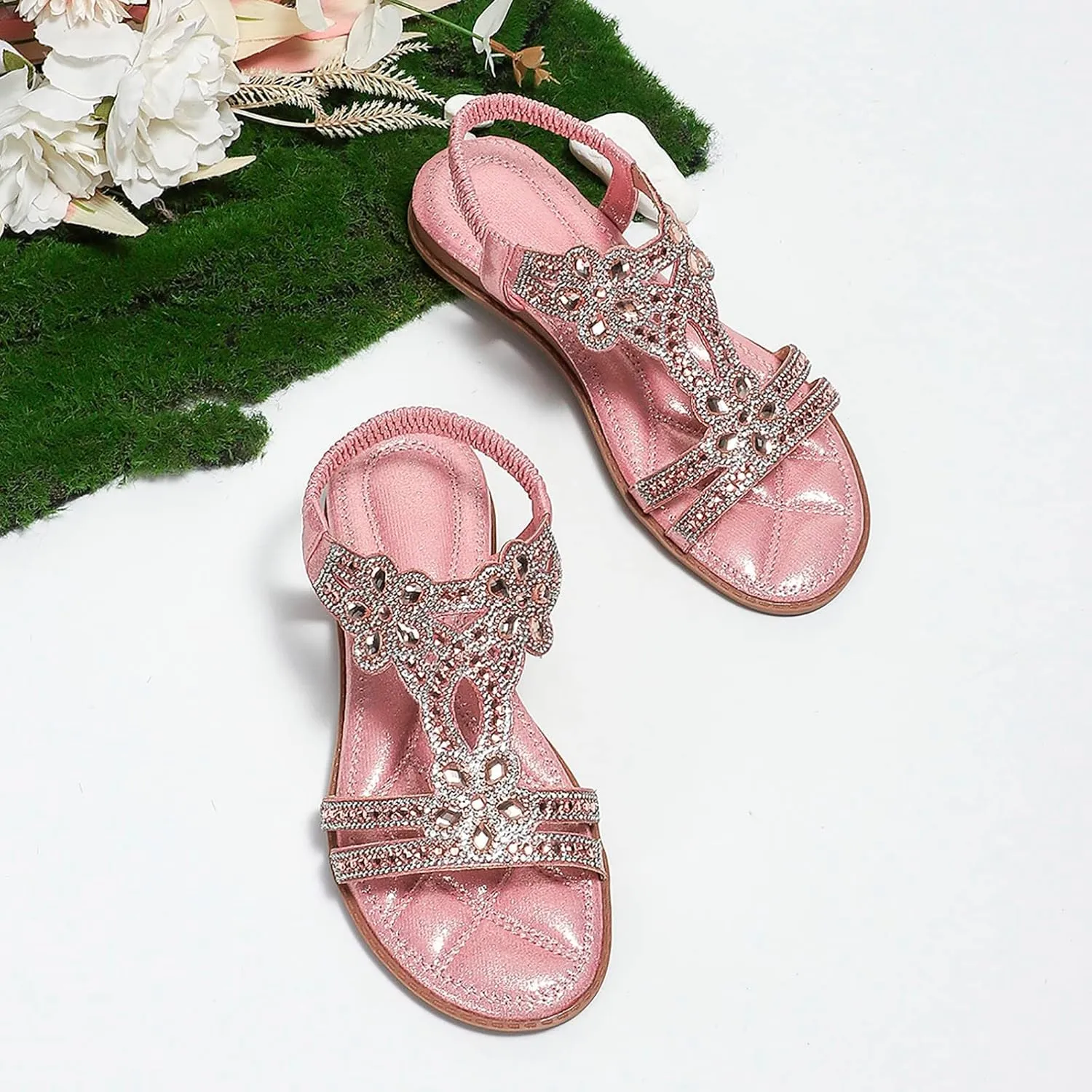 Eduavar Orthopedic Sandals for Women, Sandals Women Fashion Bohemia Crystal Open Toe Low Wedge Sandals Breathable Sandals