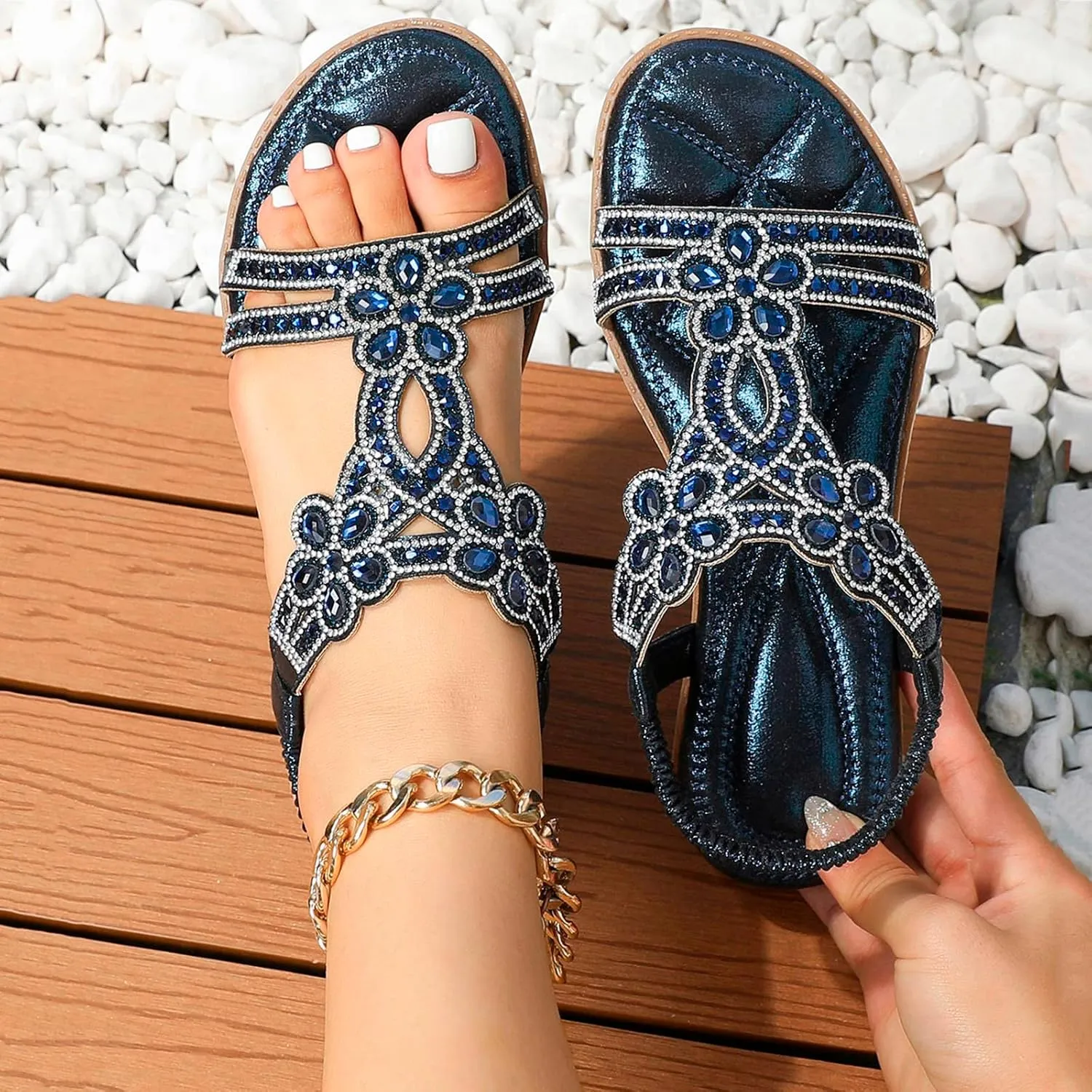 Eduavar Orthopedic Sandals for Women, Sandals Women Fashion Bohemia Crystal Open Toe Low Wedge Sandals Breathable Sandals