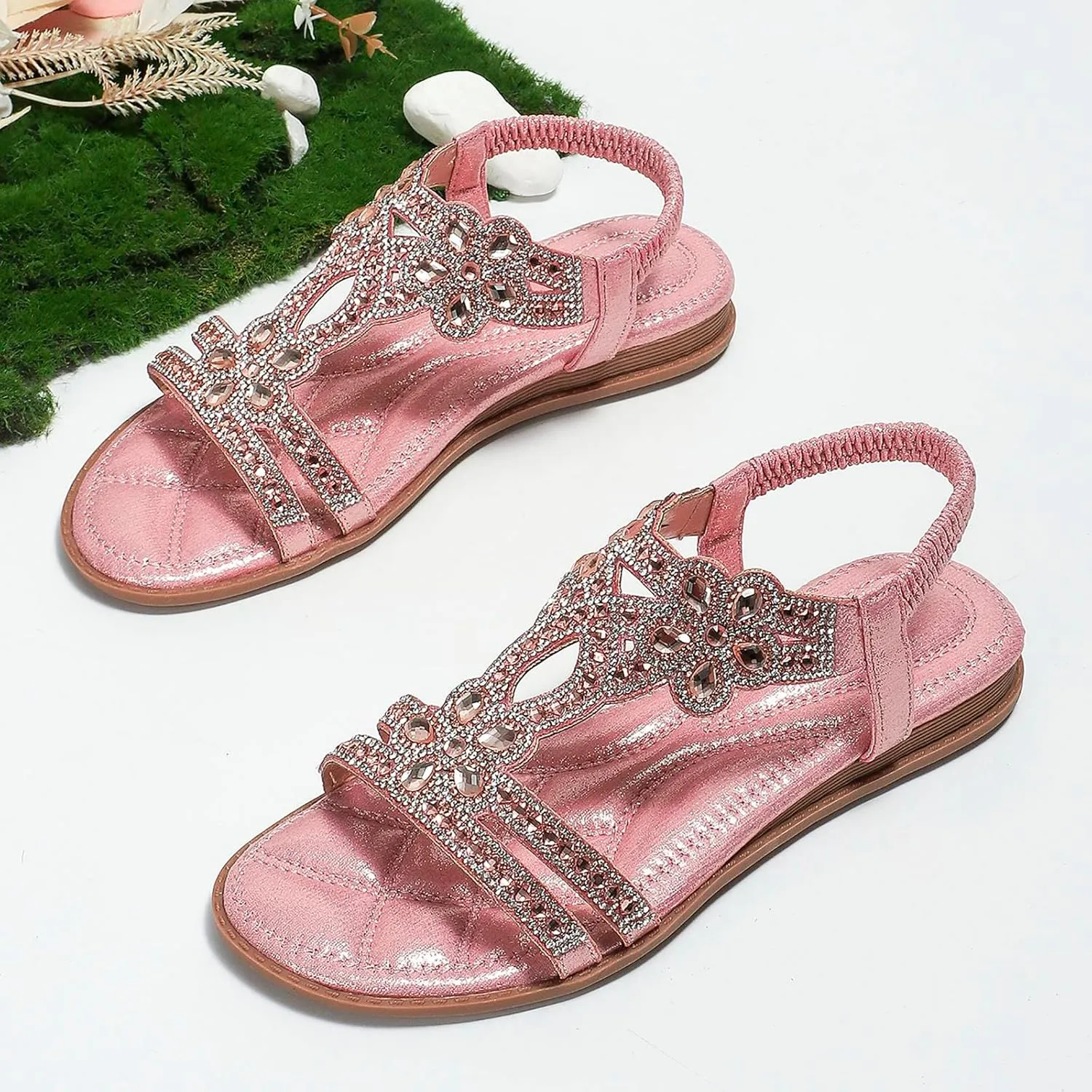 Eduavar Orthopedic Sandals for Women, Sandals Women Fashion Bohemia Crystal Open Toe Low Wedge Sandals Breathable Sandals