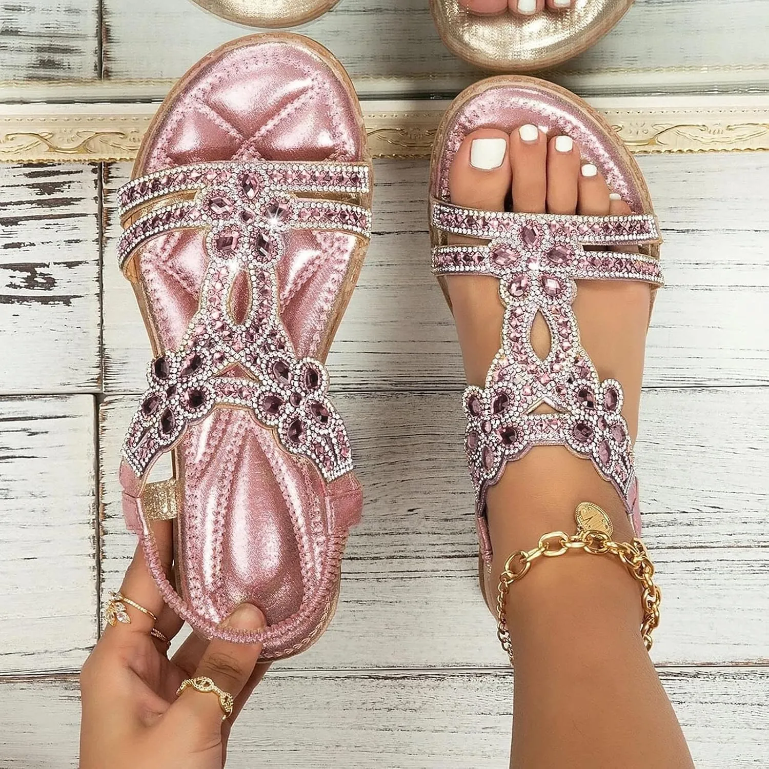 Eduavar Orthopedic Sandals for Women, Sandals Women Fashion Bohemia Crystal Open Toe Low Wedge Sandals Breathable Sandals