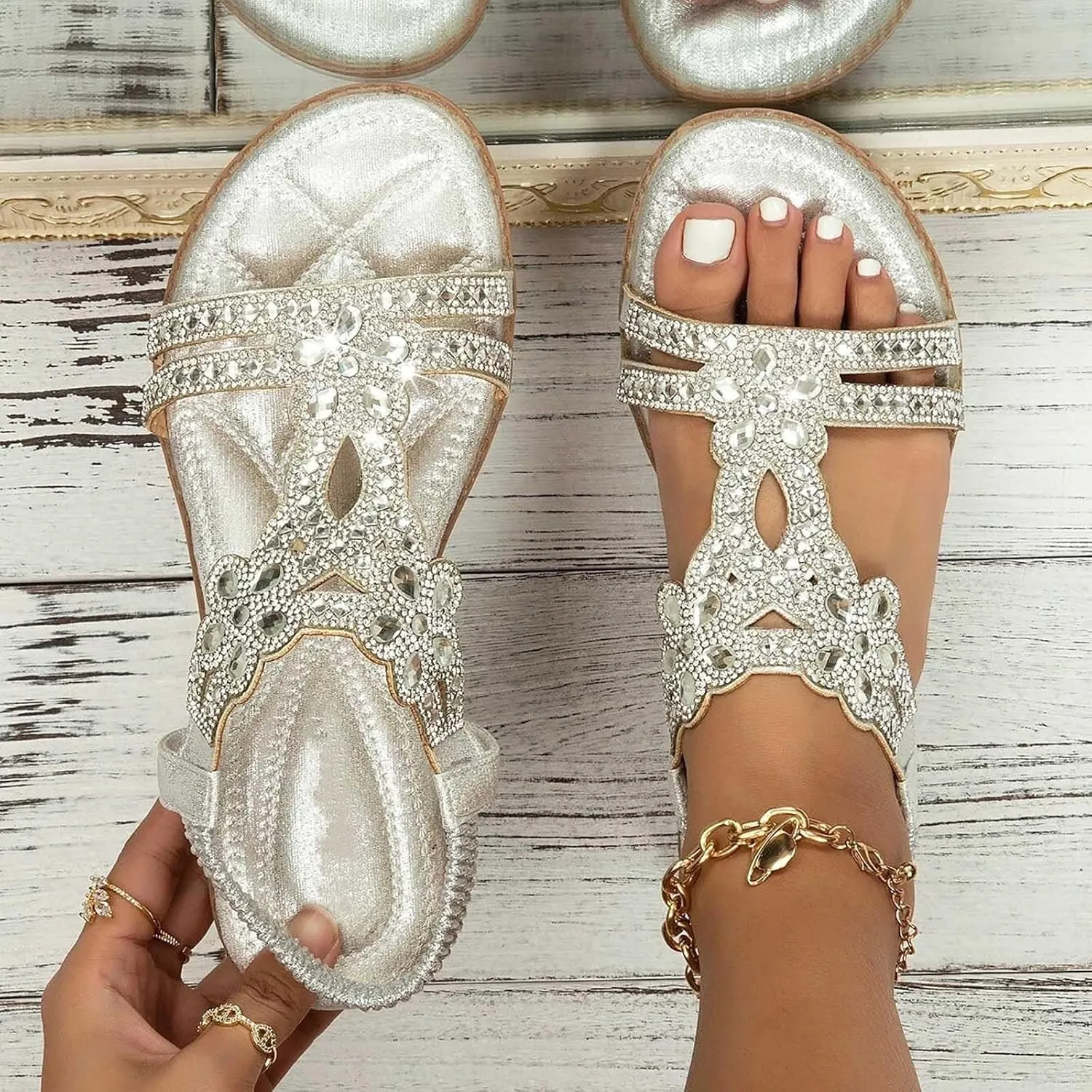 Eduavar Orthopedic Sandals for Women, Womens Sandals Dressy Bohemia Crystal Open Toe Low Wedge Sandals Breathable Sandals