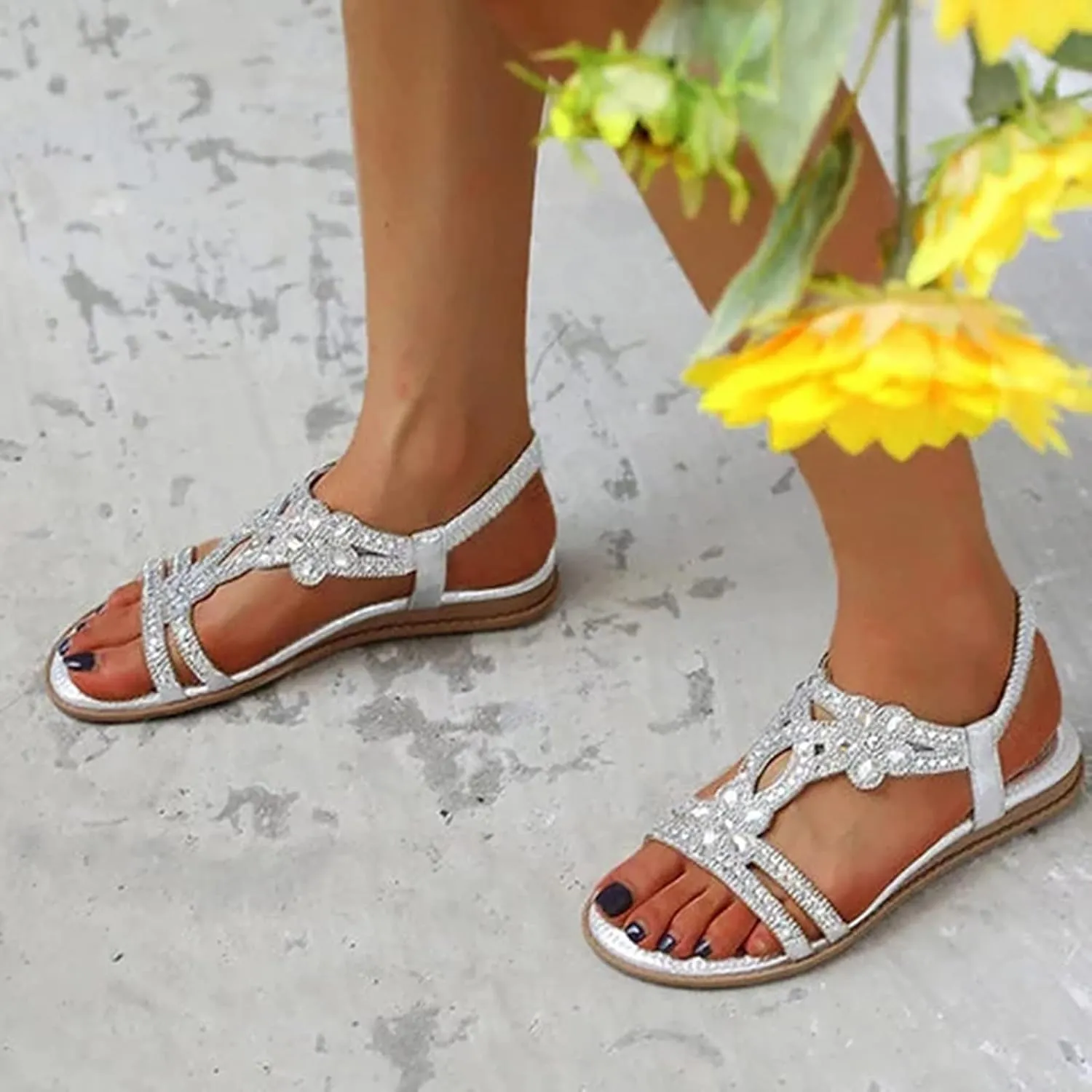 Eduavar Orthopedic Sandals for Women, Womens Sandals Dressy Bohemia Crystal Open Toe Low Wedge Sandals Breathable Sandals