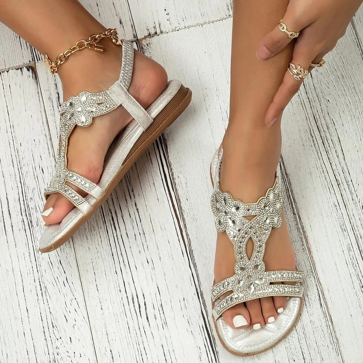Eduavar Orthopedic Sandals for Women, Womens Sandals Dressy Bohemia Crystal Open Toe Low Wedge Sandals Breathable Sandals
