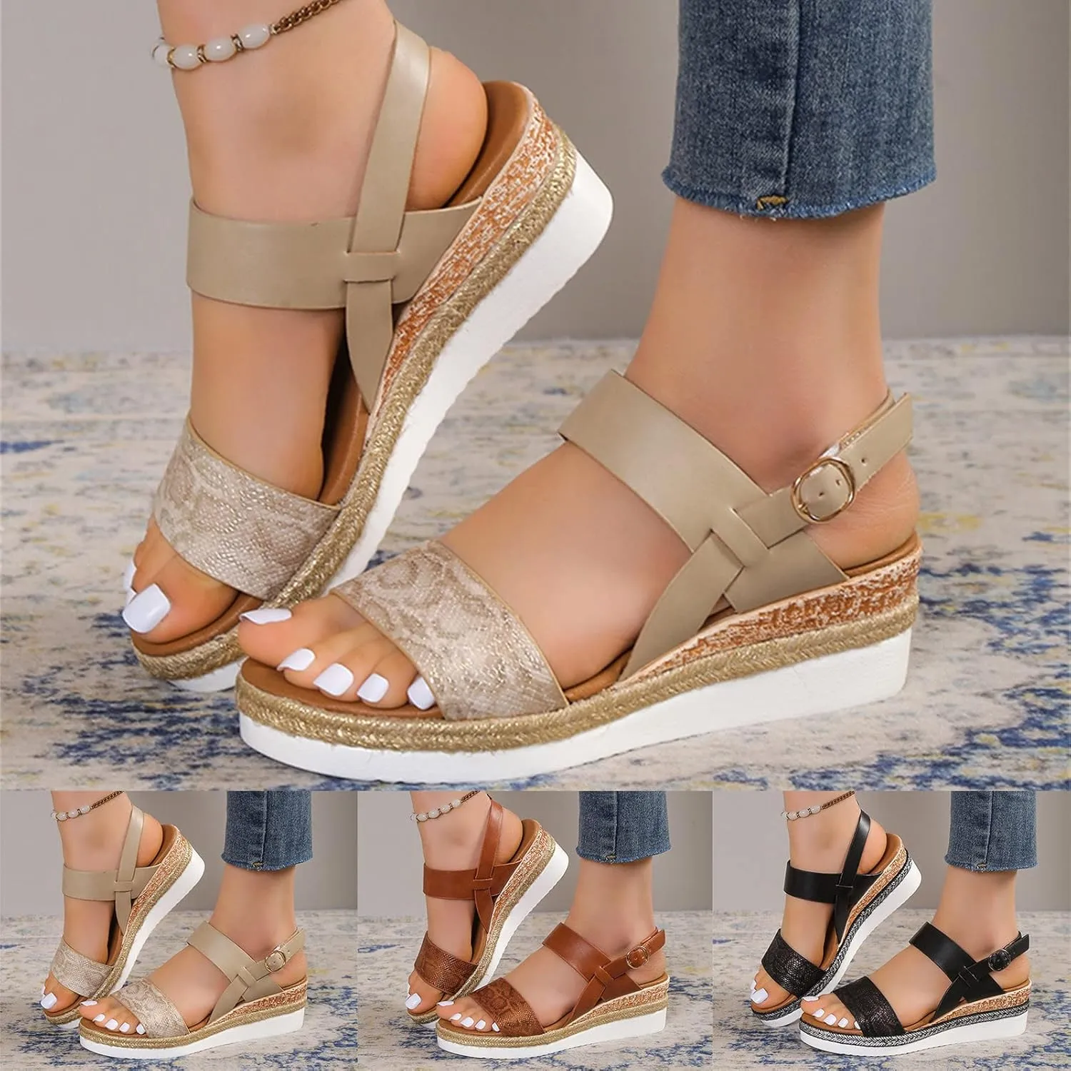 Eduavar Platform Sandals Women, Womens Sandals Elegant Buckle Ankle Strap Comfortable Espadrilles Platform Casual Sandals