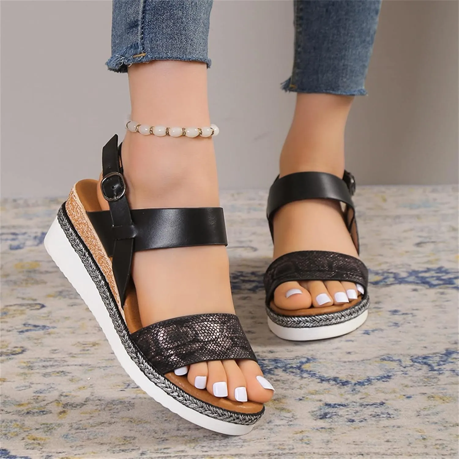 Eduavar Platform Sandals Women, Womens Sandals Elegant Buckle Ankle Strap Comfortable Espadrilles Platform Casual Sandals